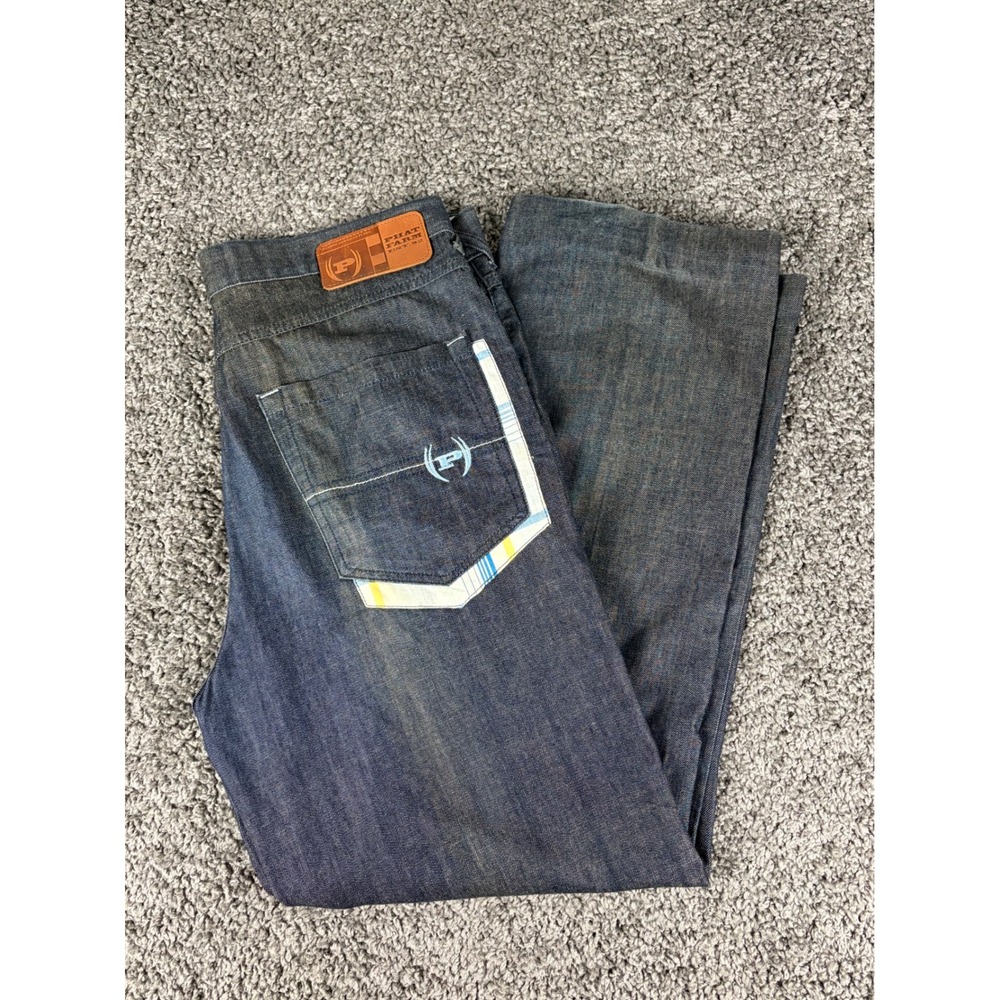 Phat Farm Baggy Jeans Mens 36x33 Dark Wash Y2K Plaid Pocket Hip Hop Streetwear